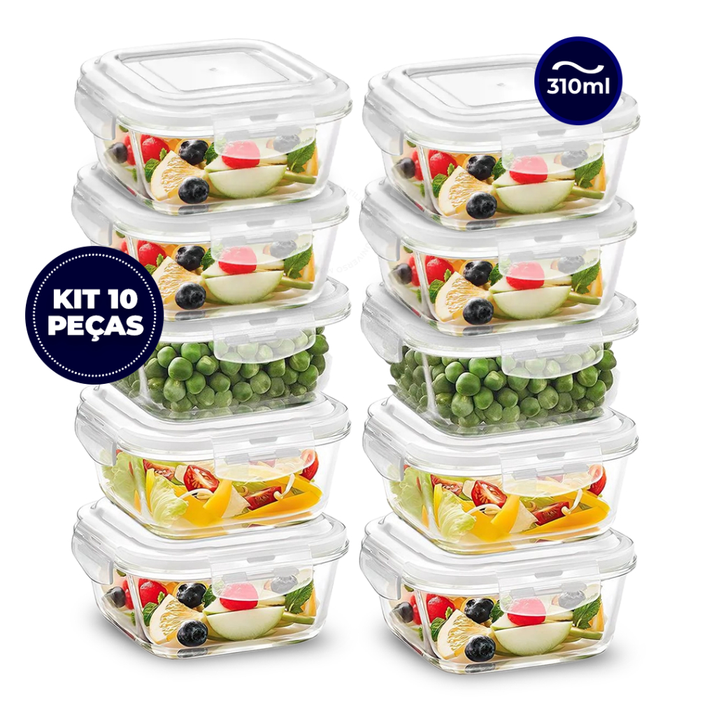 Kit 10 ou 5 Potes Vidro Herméticos 310ml Quadrado Para Alimentos Dispensa Resistente