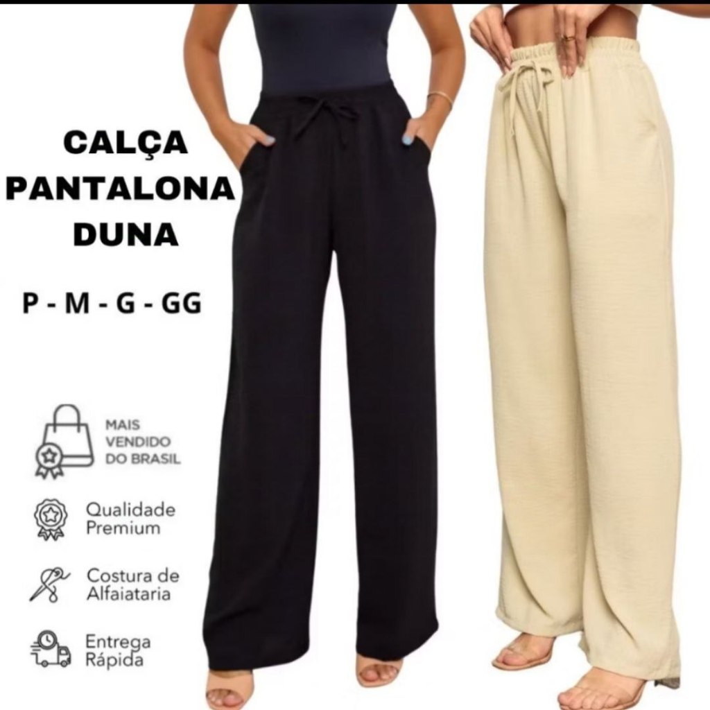 Calça Pantalona Feminina  Cintura Alta Com Bolso Tecido Duna
