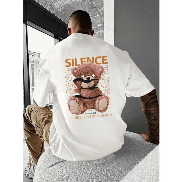 Camiseta Streetwear Urso  Silence Oversized Borboleta Estilosa Básica Oversized Camisa Moda Algodão