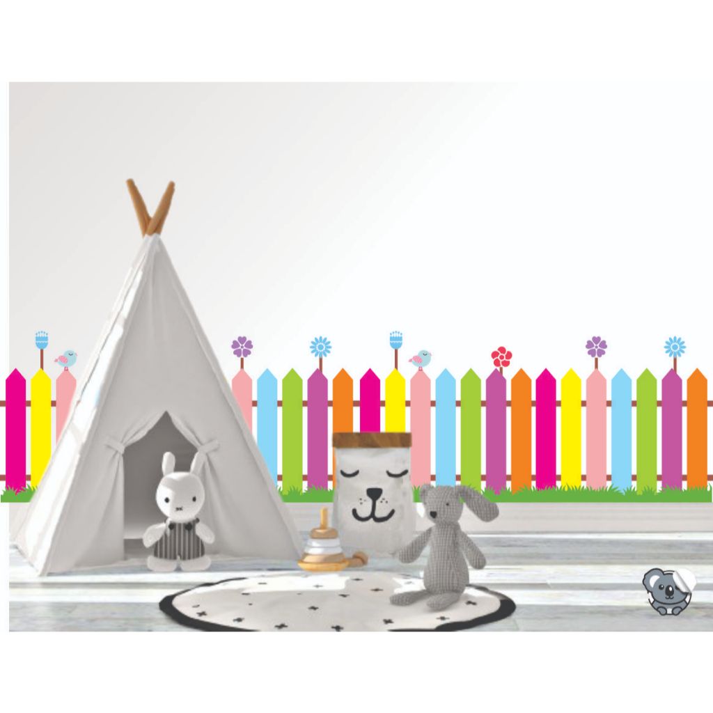 Adesivo Decorativo Infantil Cerca Colorida Jardim Encantado Papel de Parede Auto Colante Decalque