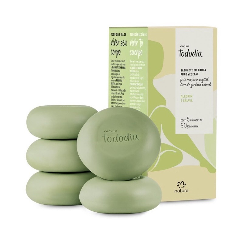 Sabonete em Barra Puro Vegetal Tododia Alecrim e Sálvia 5 und de 90 g cada.