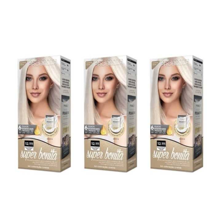 Kit Com 3 Unidades De Tintura Probelle Super Bonita 12.111 Louro Platinado Cinza Super Intenso em Oferta na Shopee