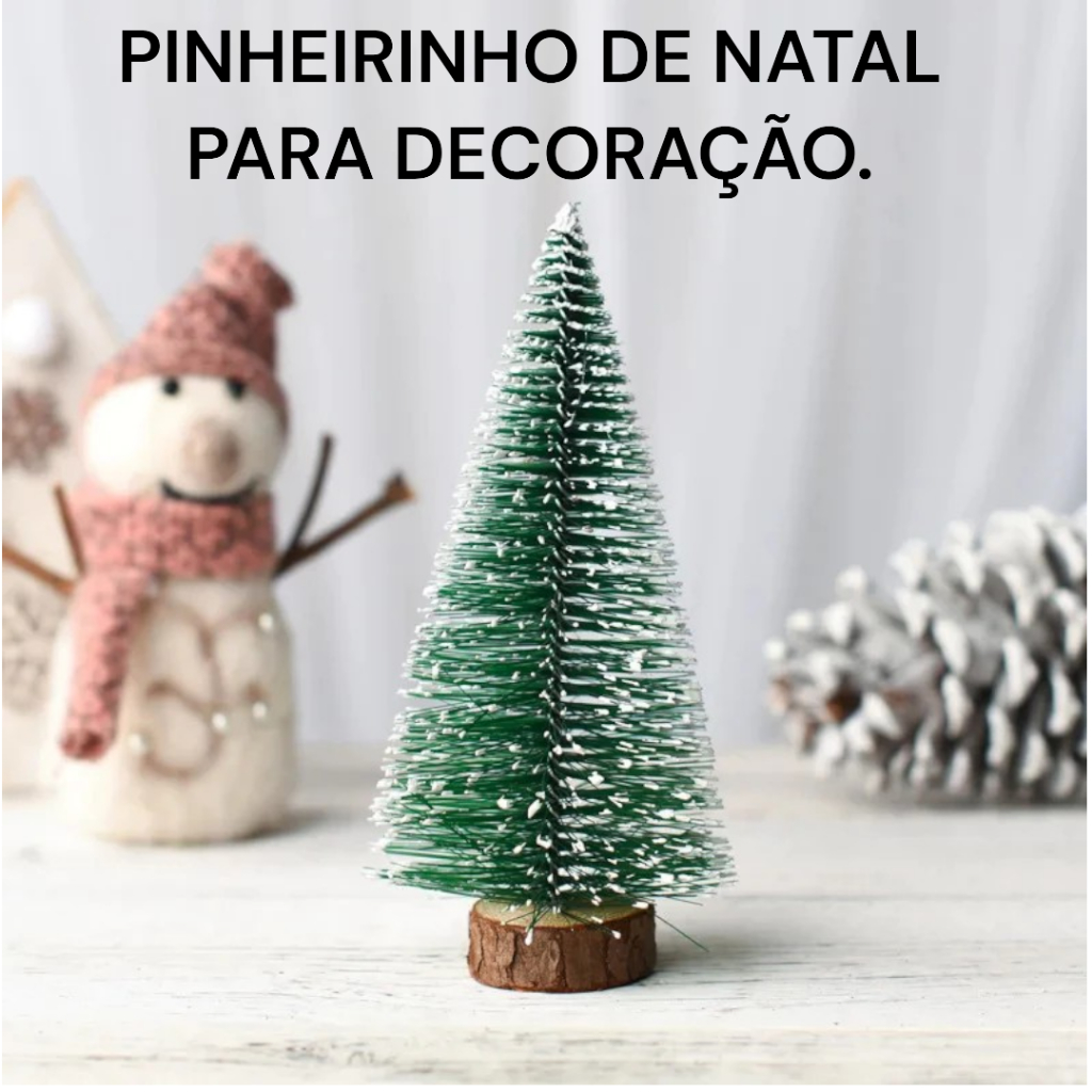 Pinheiro de Natal Nevado Base de Madeira  Mini Árvore Decoração Enfeite Natalino