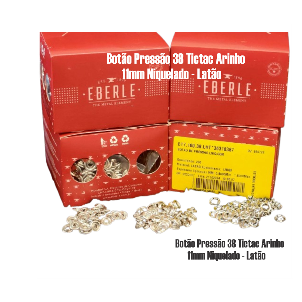Botão Pressão 38 Tictac Arinho 11mm  caixa 200un Latão Niquelado Botão 38 Botão pressao Eberle 38