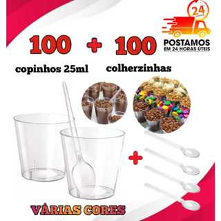 KIT 100 COPINHO 25 ML BRIGADEIRO ACRÍLICO + 100 MINI COLHER