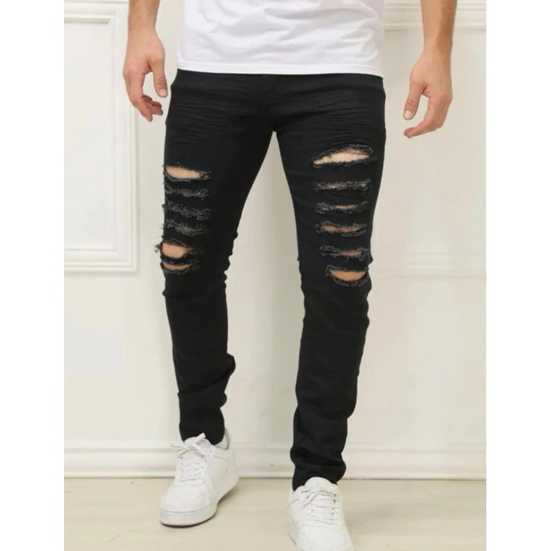 Calça Masculina PRETA RASGADO Jeans slim elastano ótima qualidade DENIM STUDIO