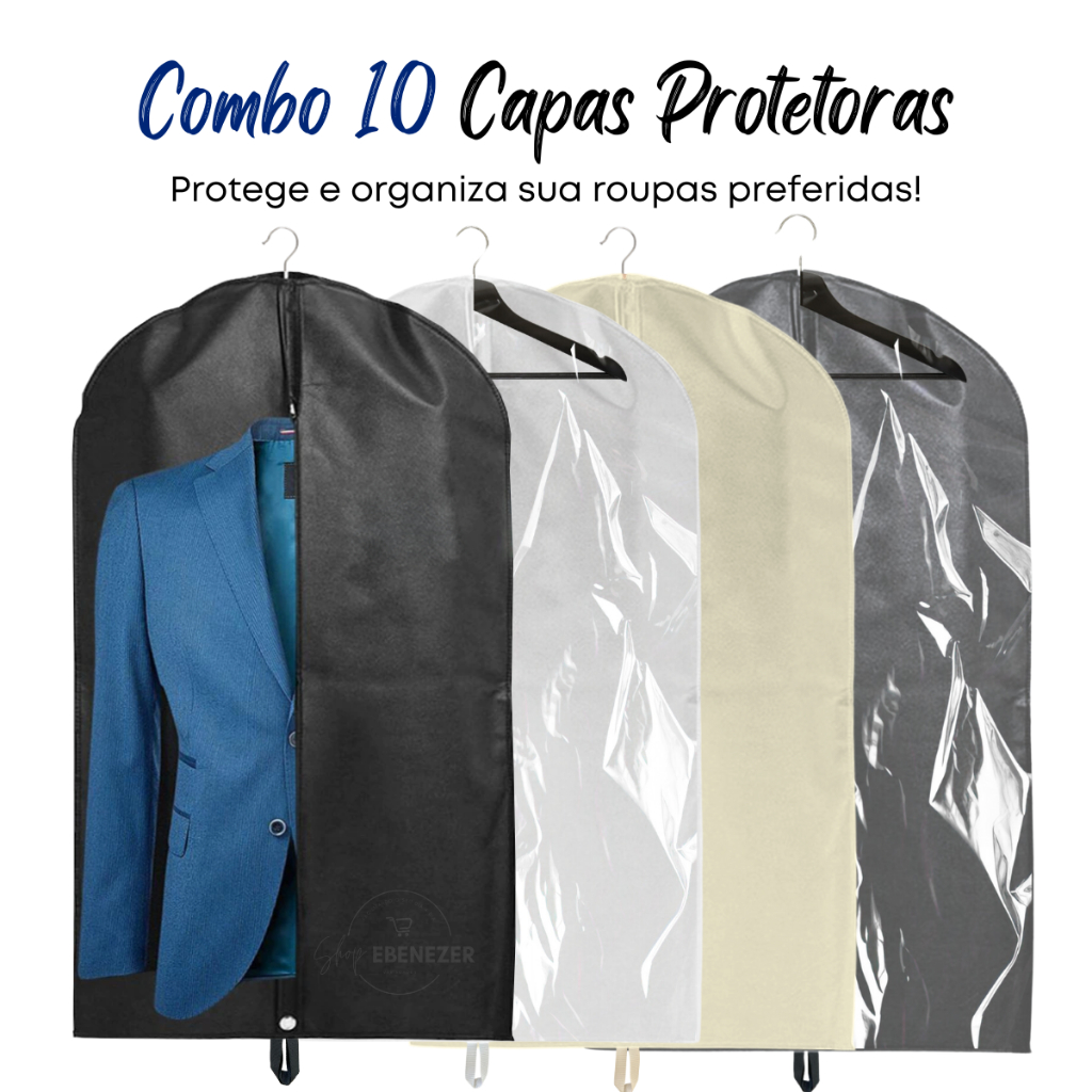 Kit 10 Capas Para Terno Jaqueta Com  Zíper em TNT Branco Anti mofo Organizador Impermeável