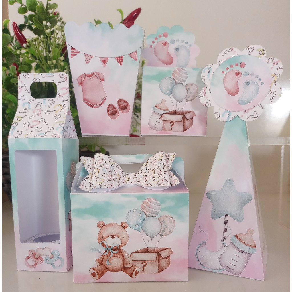 KIT FESTA PERSONALIZADO PARA LEMBRANCINHA CHÁ REVELAÇÃO. CAIXINHAS PARA FESTA.