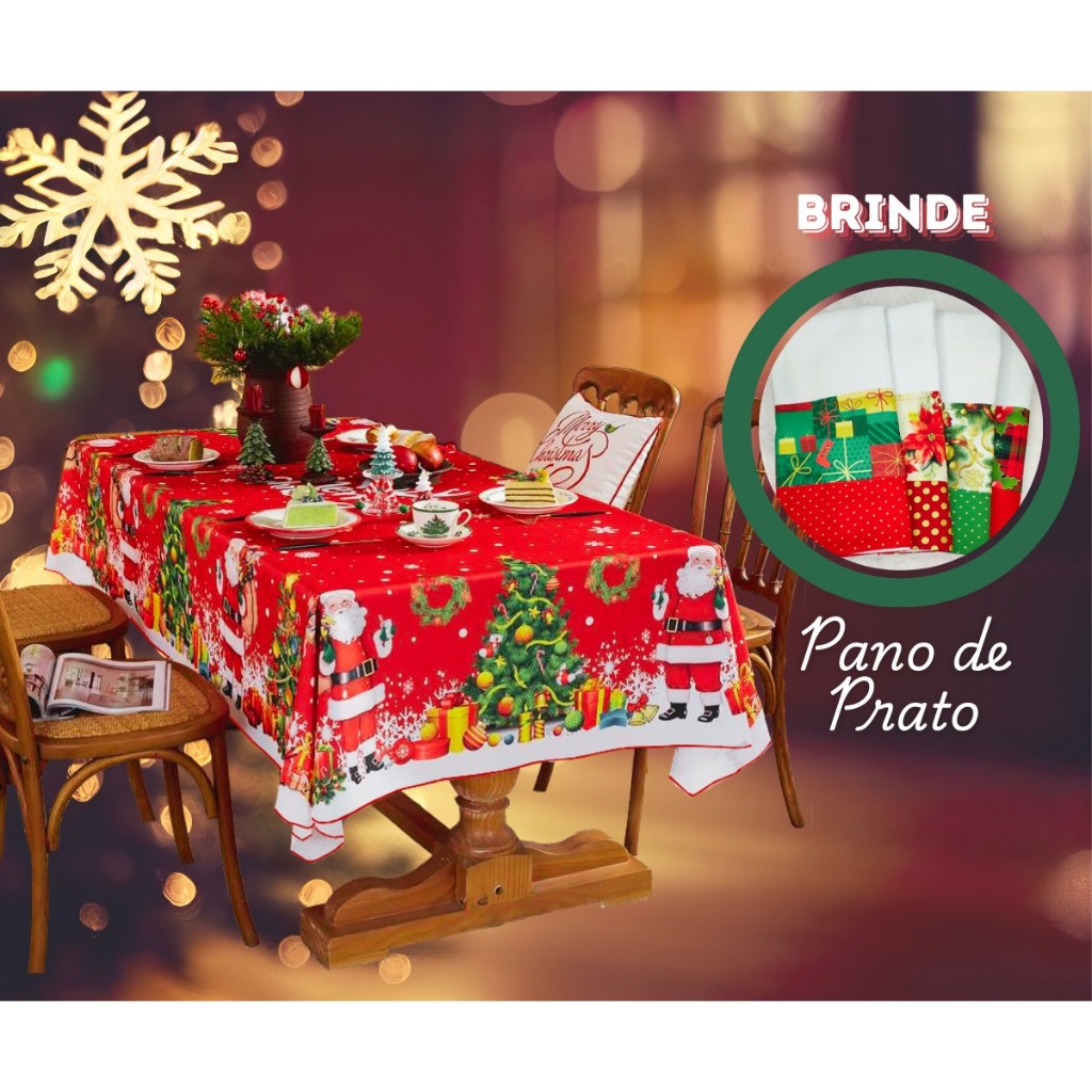 Toalha De Mesa Natal  + Brinde Pano De Prato Natalino Para Sala De Jantar Retangular Vários Tamanhos
