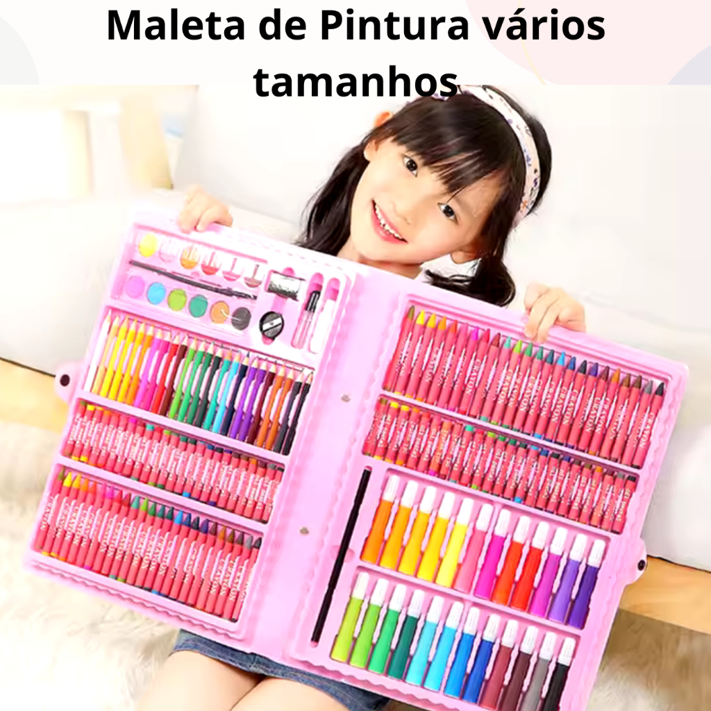 Estojo Maleta Pintura Infantil Lápis Cores Giz Canetinhas e Diversos Tamanhos Desenhos Para Colorir