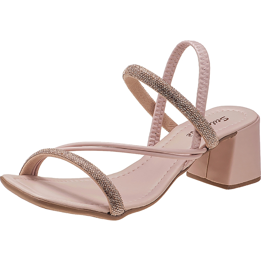Sandália Feminina Stilo Rosê Salto Grosso 5 cm Tira Strass Brilho-8412 em Oferta na Shopee