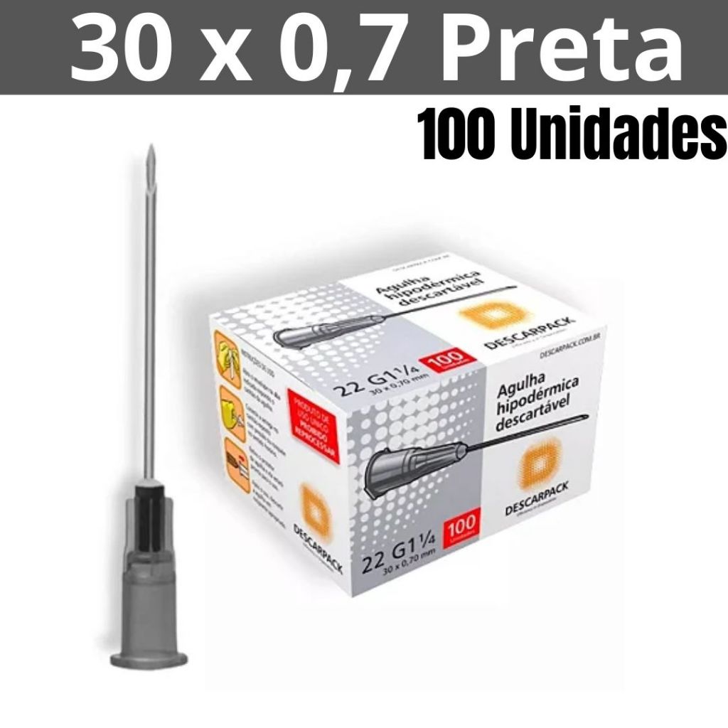 Agulha Hipodérmica 100un Descartável Preta 30 x 0,7 mm  labor import Descarpack Medix