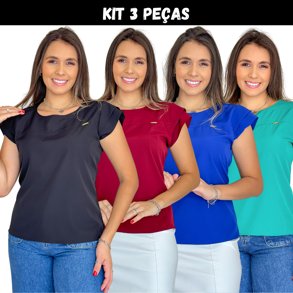 Kit 3 Blusinha Básica Feminina Blusa De Manga Camisa Social