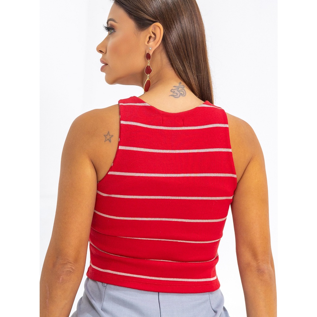 Detalhes do Cropped Regata Feminino Listrado Algodão Toque Macio Duplo Revel