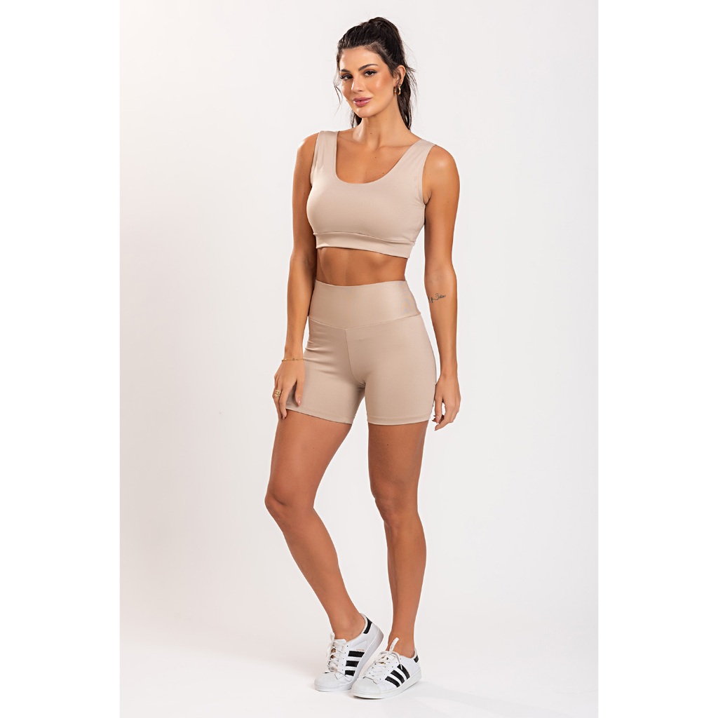 Short Feminino Nude Poliéster Fitness Não Transparente Cintura Alta Academia Dia a Dia Exercícios Corrida Crossfit Prai
