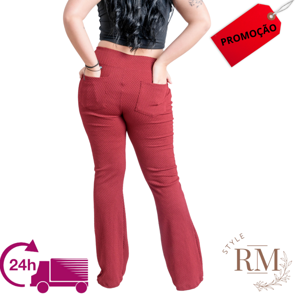 Calça Flare Com Bolso Colmeia Bailarina Cintura Alta