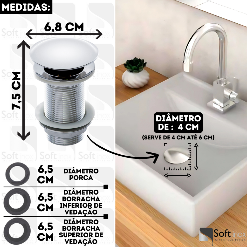 Válvula Click De Inox Ralo P/ Cuba Pia de Banheiro Lavatório 1.1/4 Cromada de 4cm · foto 2