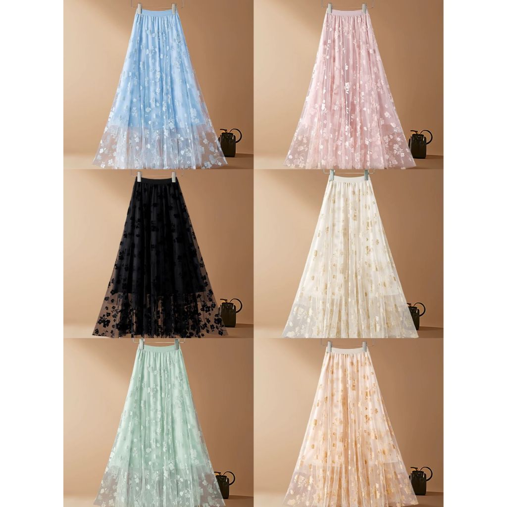 Saia de gaze floral flocada saia feminina verão novo estilo fada grande balanço malha saia longa