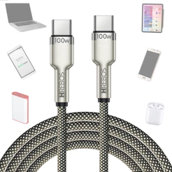 Cabo Carregador Turbo Duplo Tipo-C para Usb-C 100w 20v 3a Nylon Reforçado Pd Hrebos Metal Waves