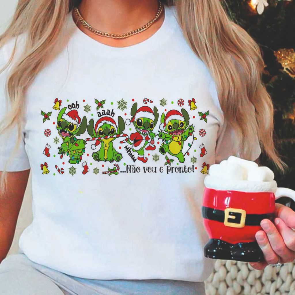Camiseta tshirt branca estampada personalizada Estampa Natal Não vou e pronto Stich e Grinch