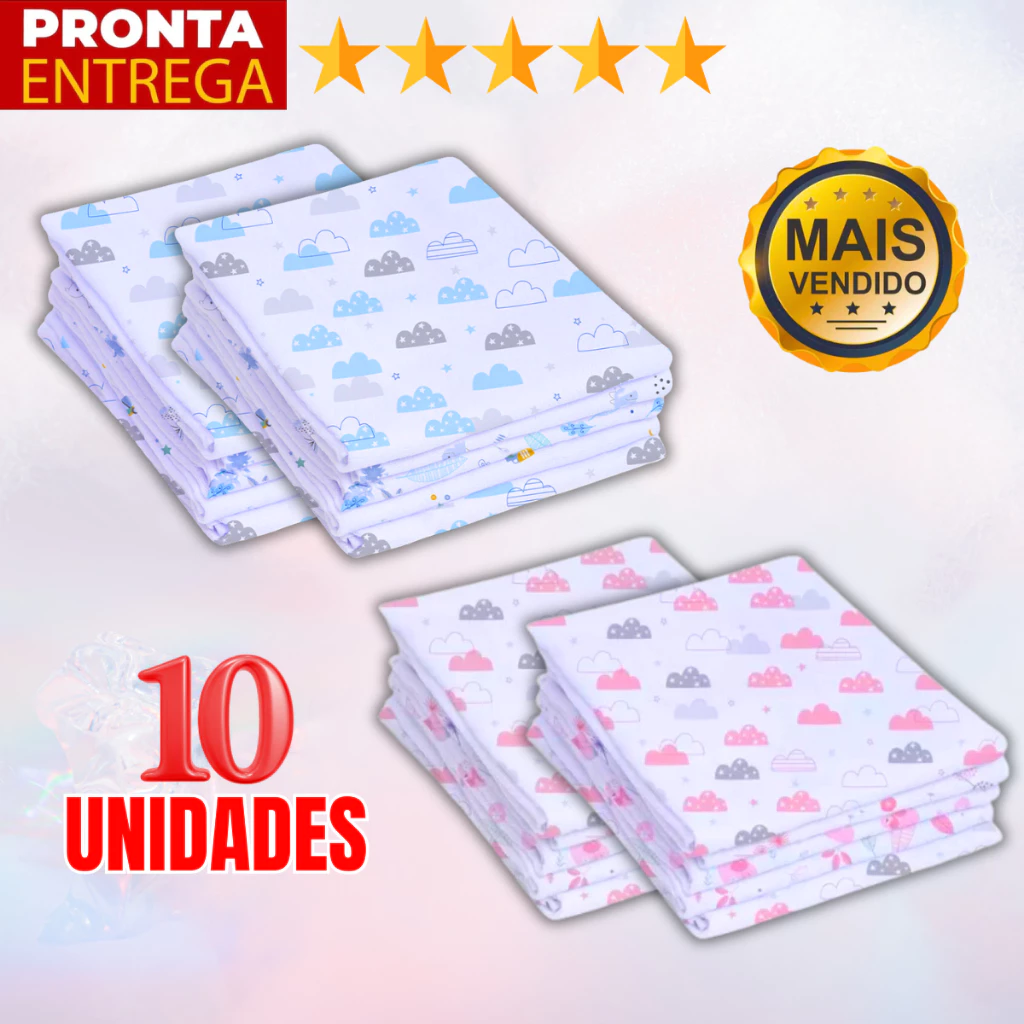 Kit 10 Unidades Fralda De Pano Estampada 60 x 60 Enxoval Infantil Bebê Menino Menina