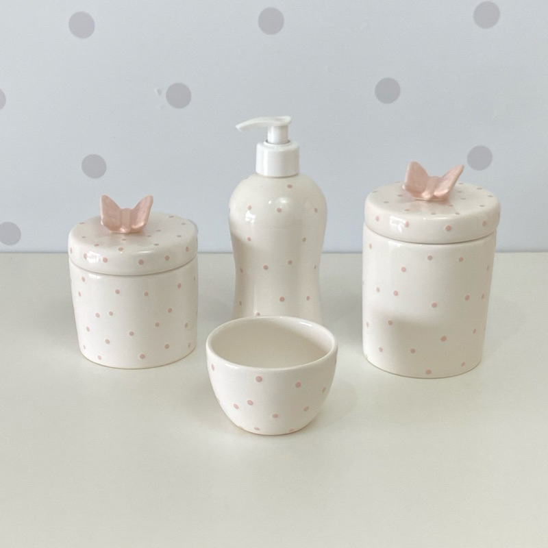 kit higiene bebê porcelana peças poá rosa seco borboleta
