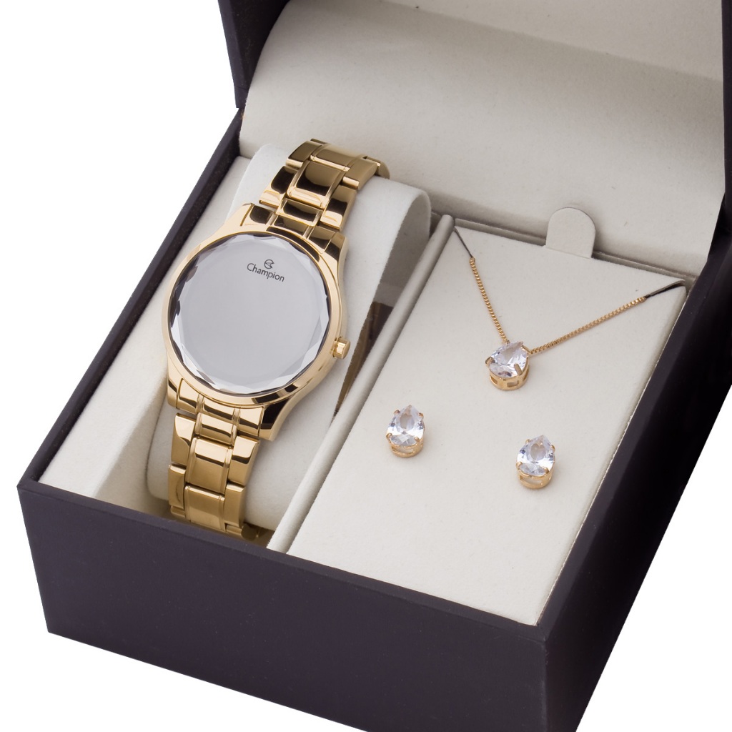 Relogio Feminino Dourado Digital Espelhado Champion Original Com Colar e Brincos CH48019B em Oferta na Shopee