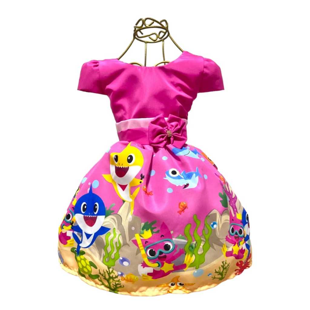 Vestido Infantil Temático Tubarão Aniversários e Festas.