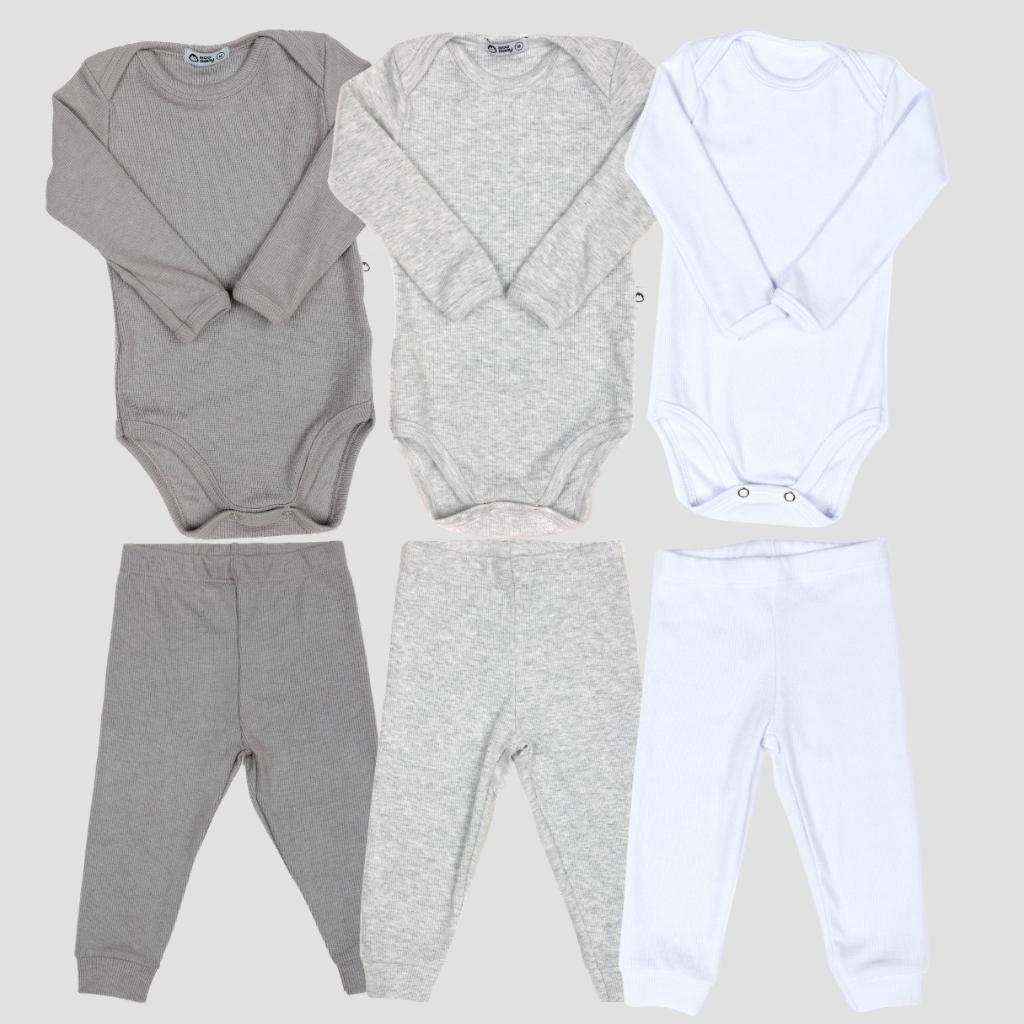 Kit bebê Lilobu 6 peças body manga longa e calça pagão canelado 24003-K3-C2 em Oferta na Shopee