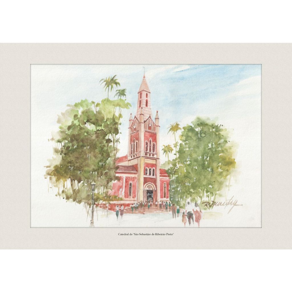 Pintura em Aquarela Catedral de São Sebastião de Ribeirão Preto | Quadro Decorativo | A4