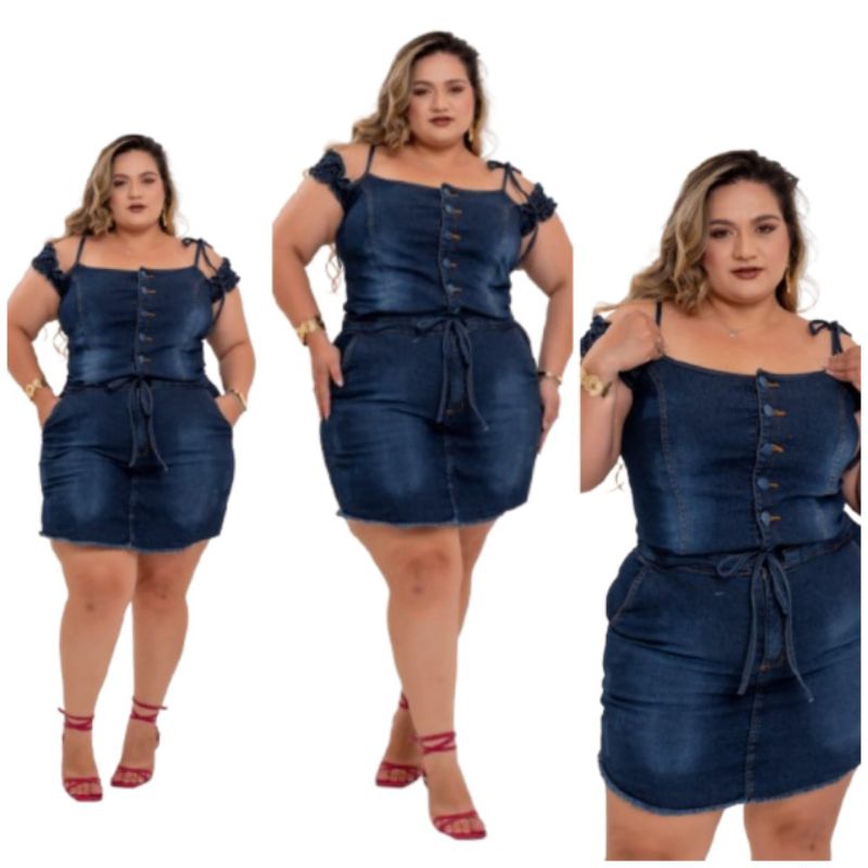 Jardinheira Short Saia Jeans Feminino Plus Size Glamorosa