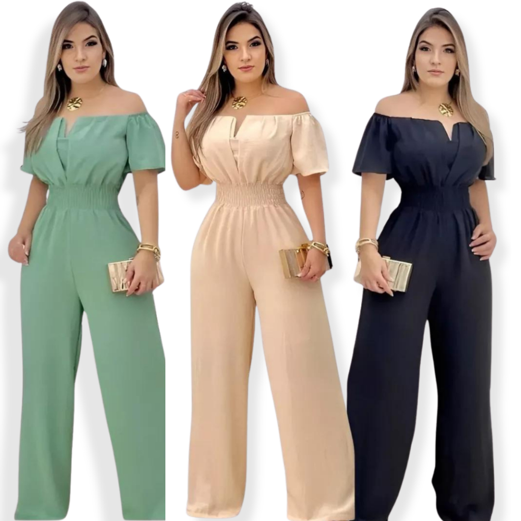 Macacão Feminino LuxoCrepe Duna Pantalona Ombro a Ombro