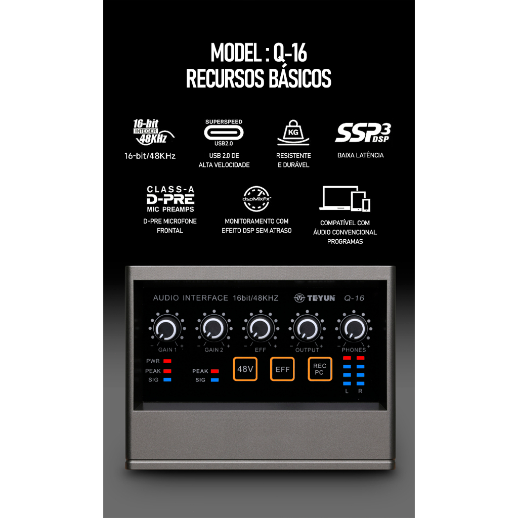 TEYUN Placa De Som Da Interface De áudio Q-16 Conversor De 16 bits/48 kHz Gravação Ao Vivo De Guitarra Elétrica