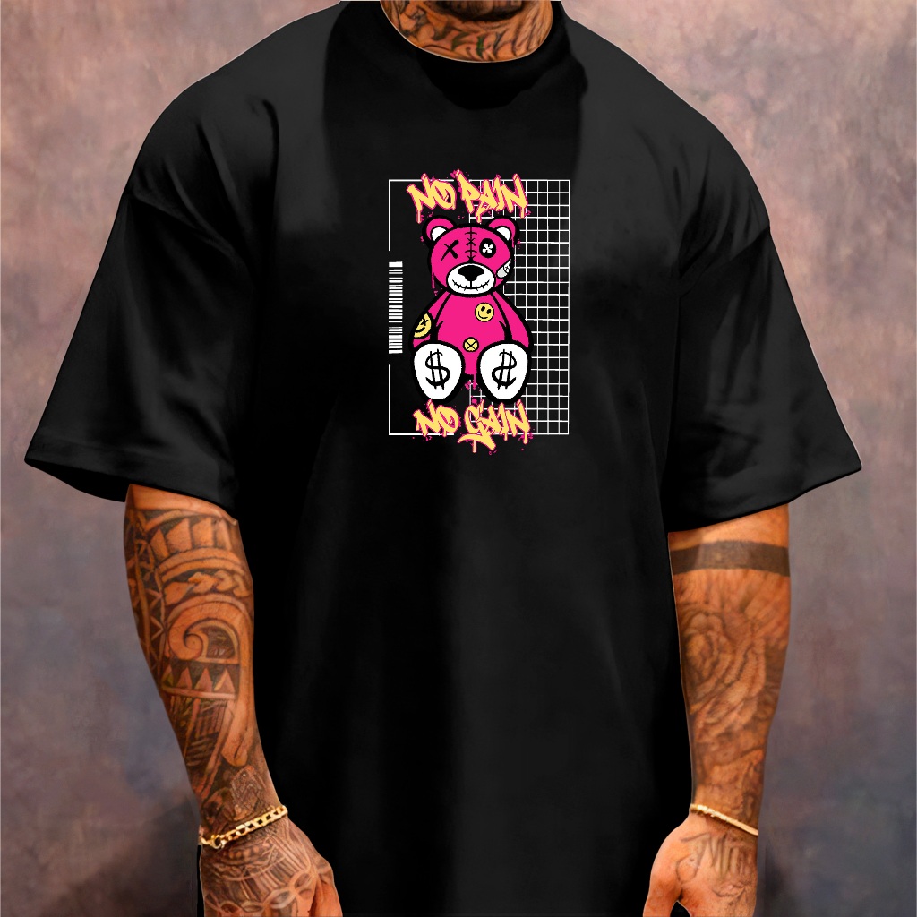 Camiseta Oversized Streetwear Masculina Gola Alta Estampa Grande Urso Academia Pain No Gain Treino