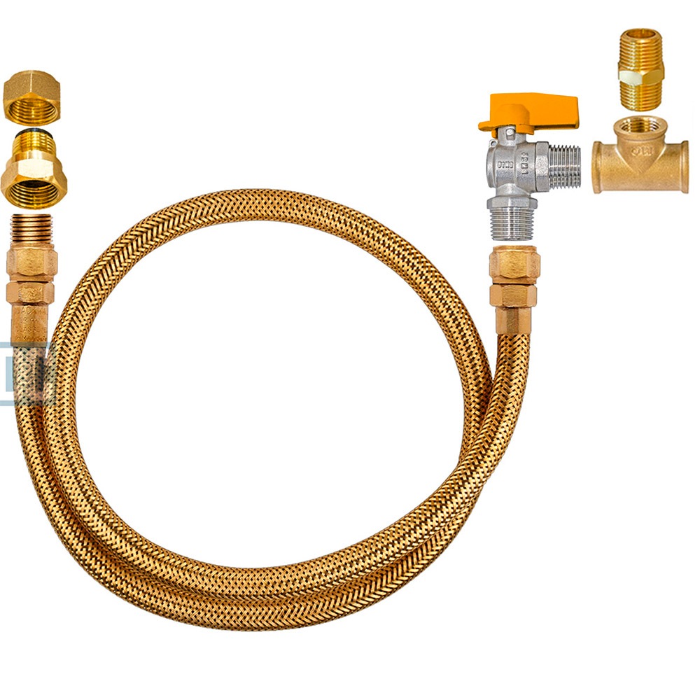Kit Duplo Com 1 Mangueira com Malha em Latão Para Instalação de Gás Encanado Em Fogão Forno E Cooktop