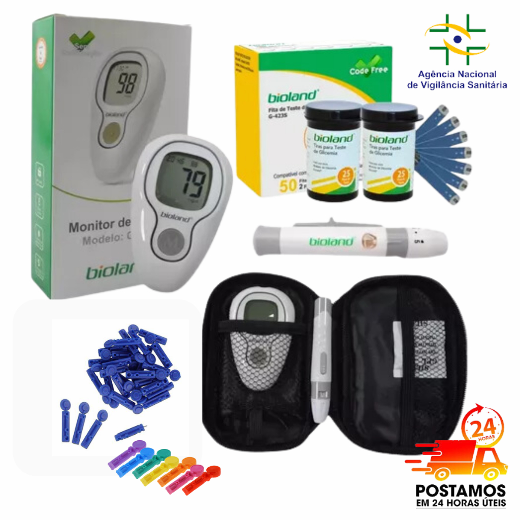 Aparelho Monitor para Medir  Glicemia Diabetes  da Bioland: Kit Completo com 75 Tiras  e 125 Agulhas