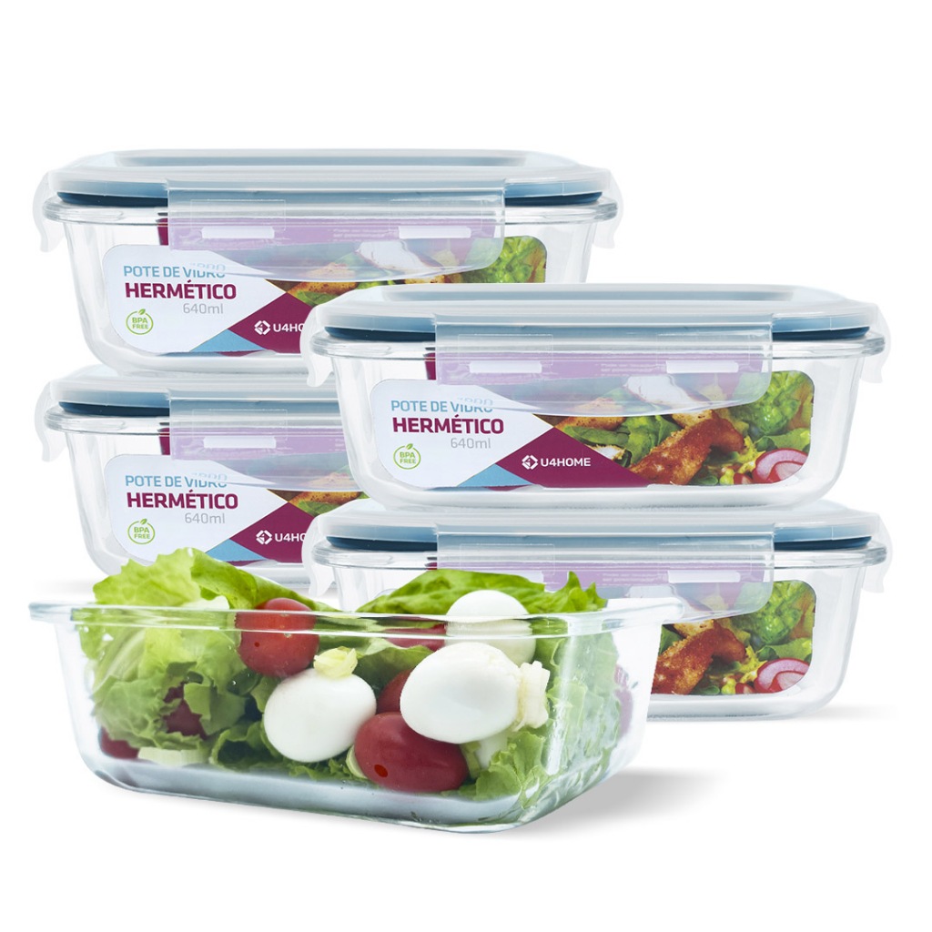 Conjunto 5 Pote Vidro Hermético Marmita Tampa Plástico 640ml em Oferta na Shopee