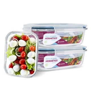Conjunto 3 Pote Vidro Hermético Marmita Tampa Plástico 640ml