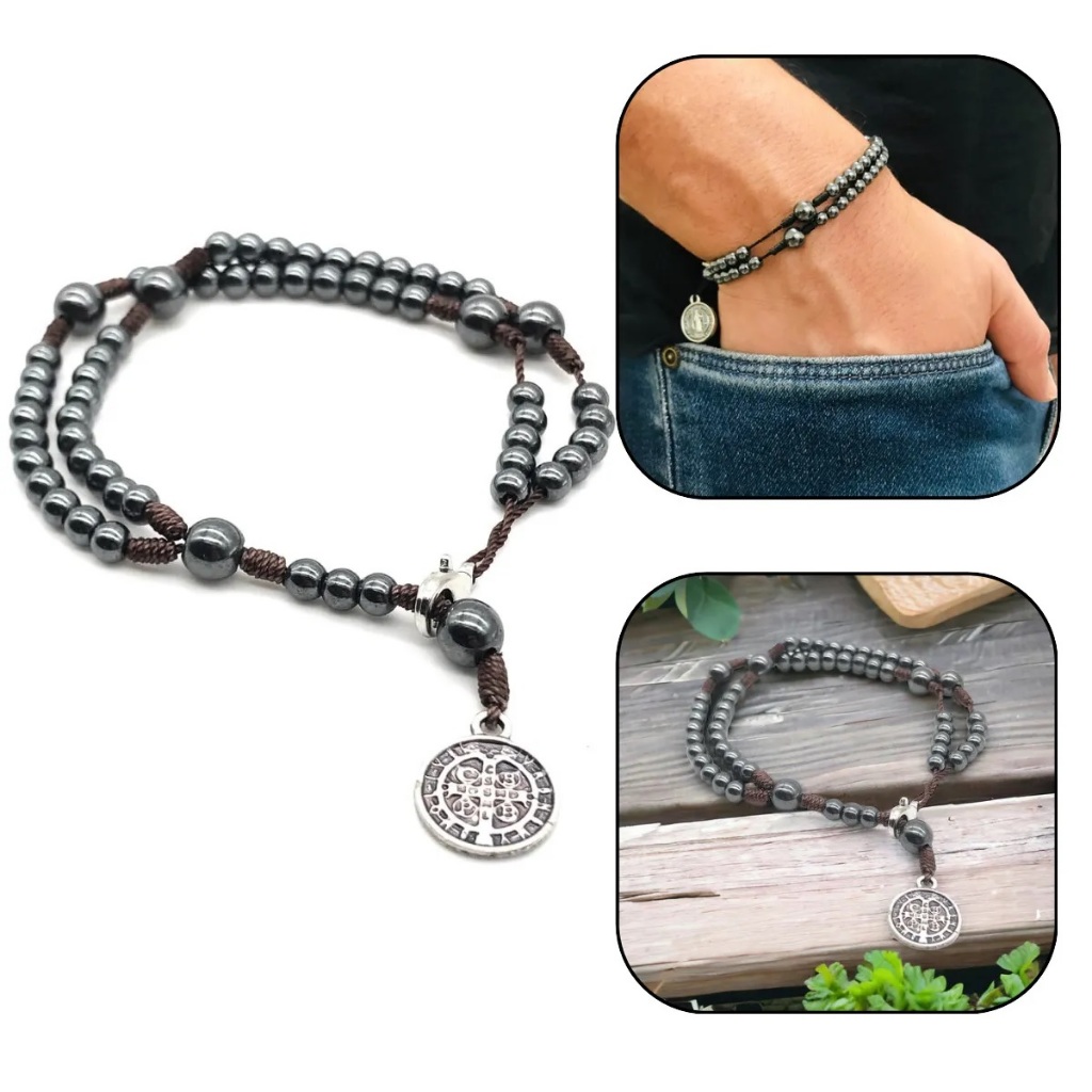 Pulseira Terço de Pulso Hematita com Pingente de São Bento