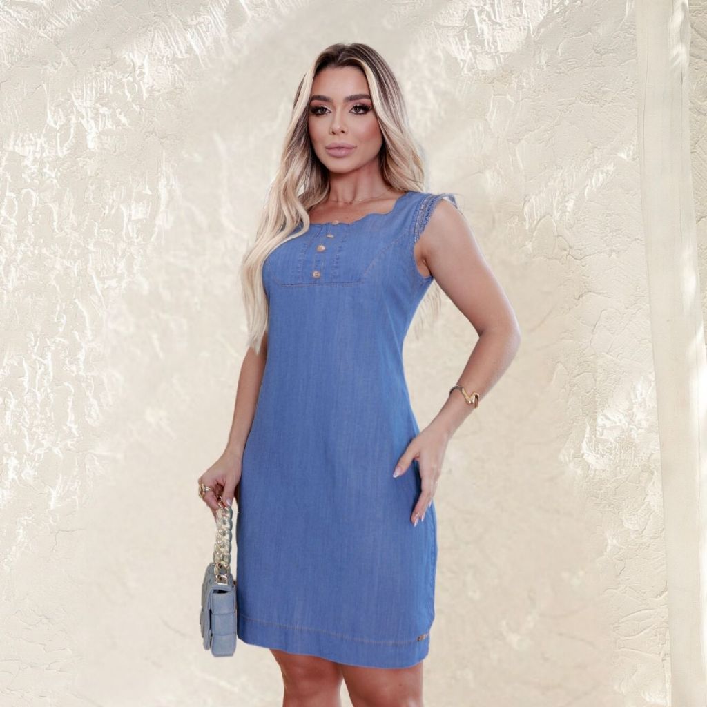 40571-Vestidos Vestido feminino Vestido jeans Vestido Jeans Feminina com bordados curto soltinho