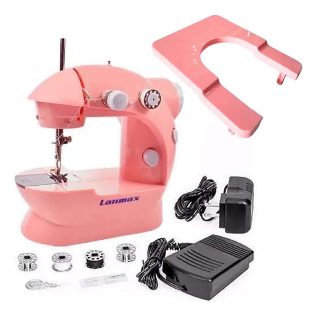Mini Máquina De Costura Rosa Reta Pedal Portátil 110v/220v e Mesa Extensora Rosa LMD-202  LANMAX