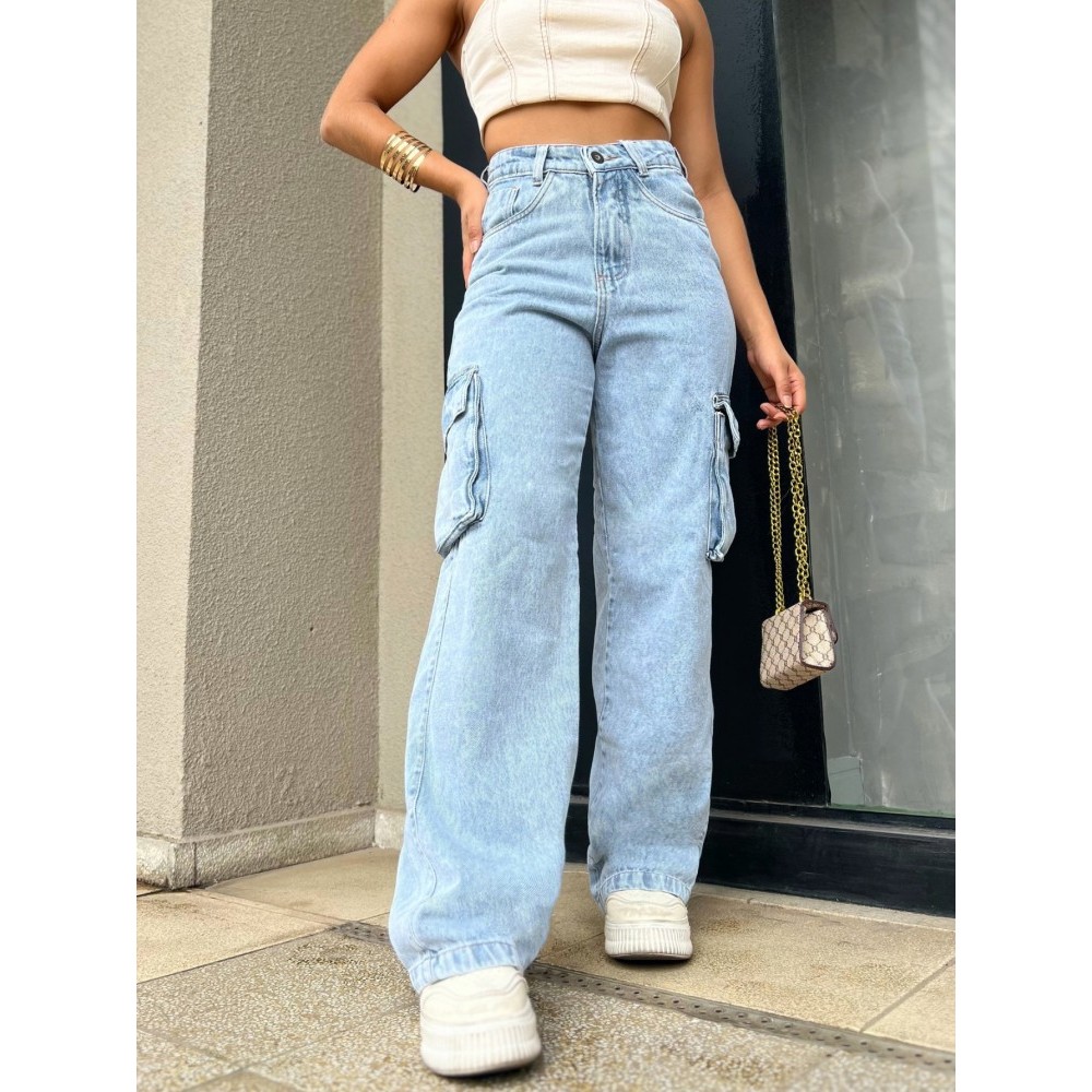 Calça Wide Leg Cargo Jeans bolso fofu Feminina Tendência Moda Street Tecido Algodão Premium LANÇAMENTO em Oferta na Shopee