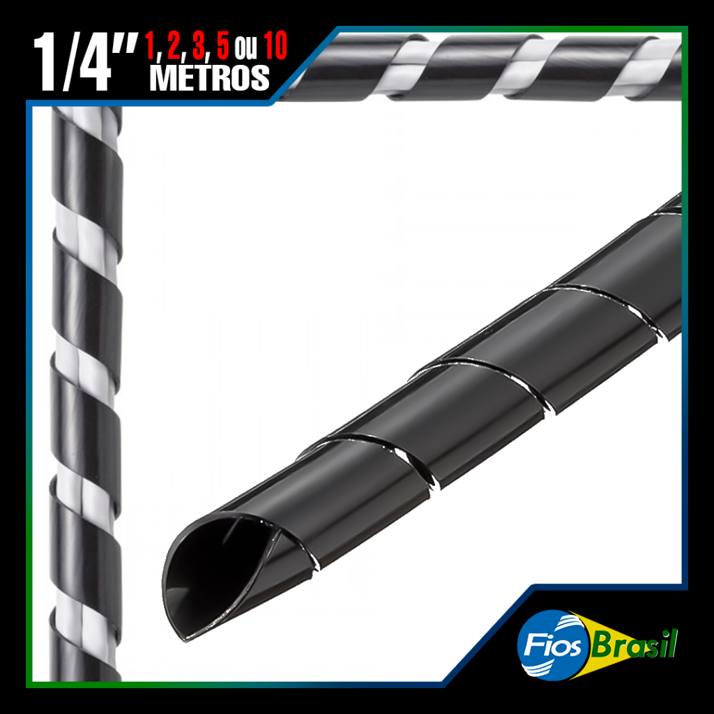 1, 2, 3, 5 ou 10 Metros | 1/4 | Tubo Espiral organizador de cabos | 6,33mm | Preto ou Branco |