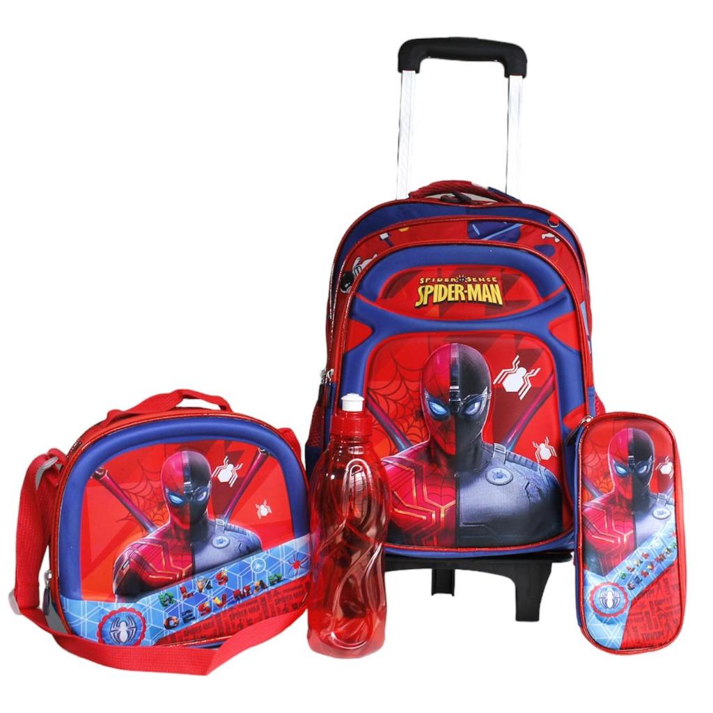 Mochila rodinhas homem aranha 3D premium escolar carrinho conjunto lancheira estojo melhor qualidade