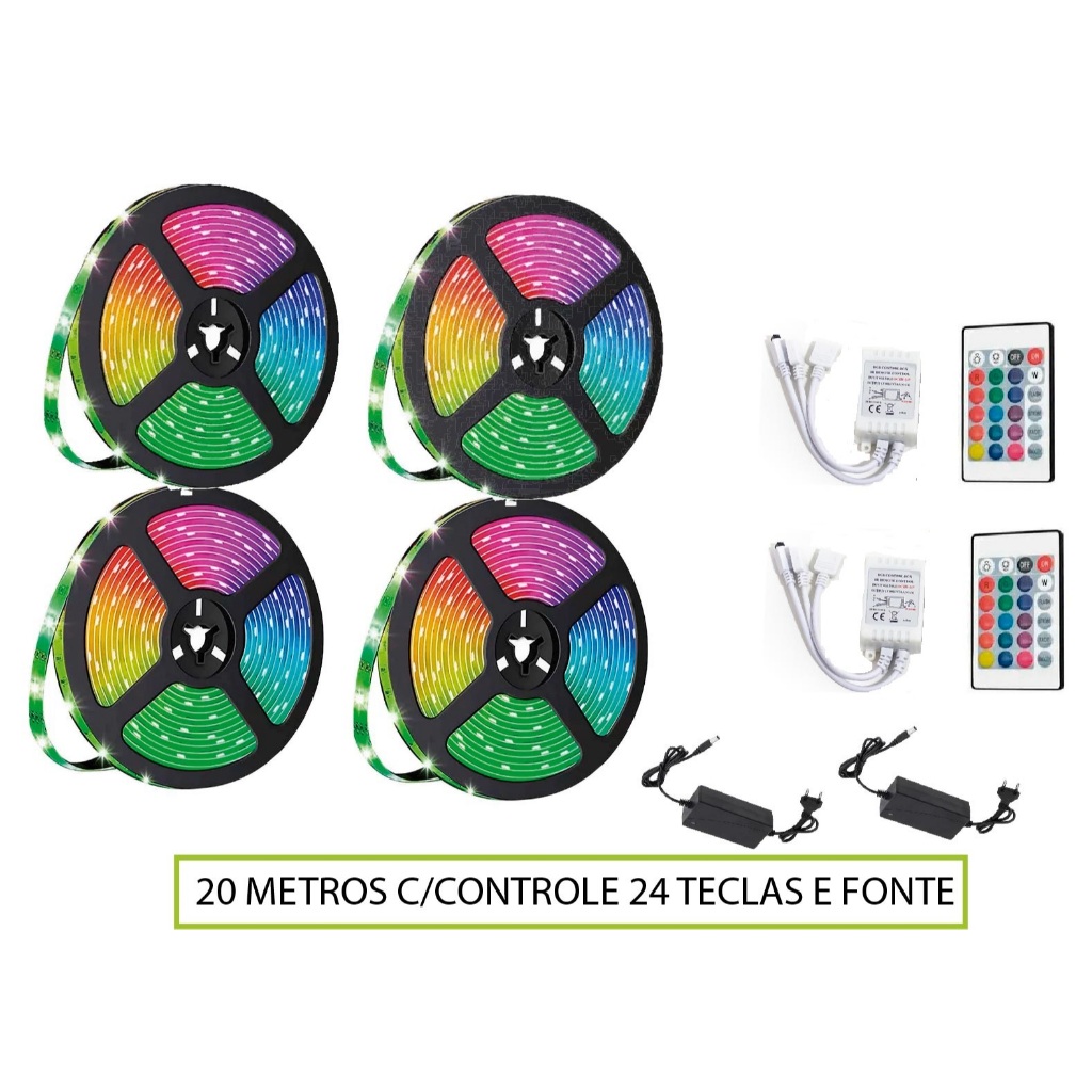 Fita de Led 10 15 20 metros 5050 Rgb c/Fonte e Controle P/ TV Quarto Sala Sanca Decoração 110v/220v