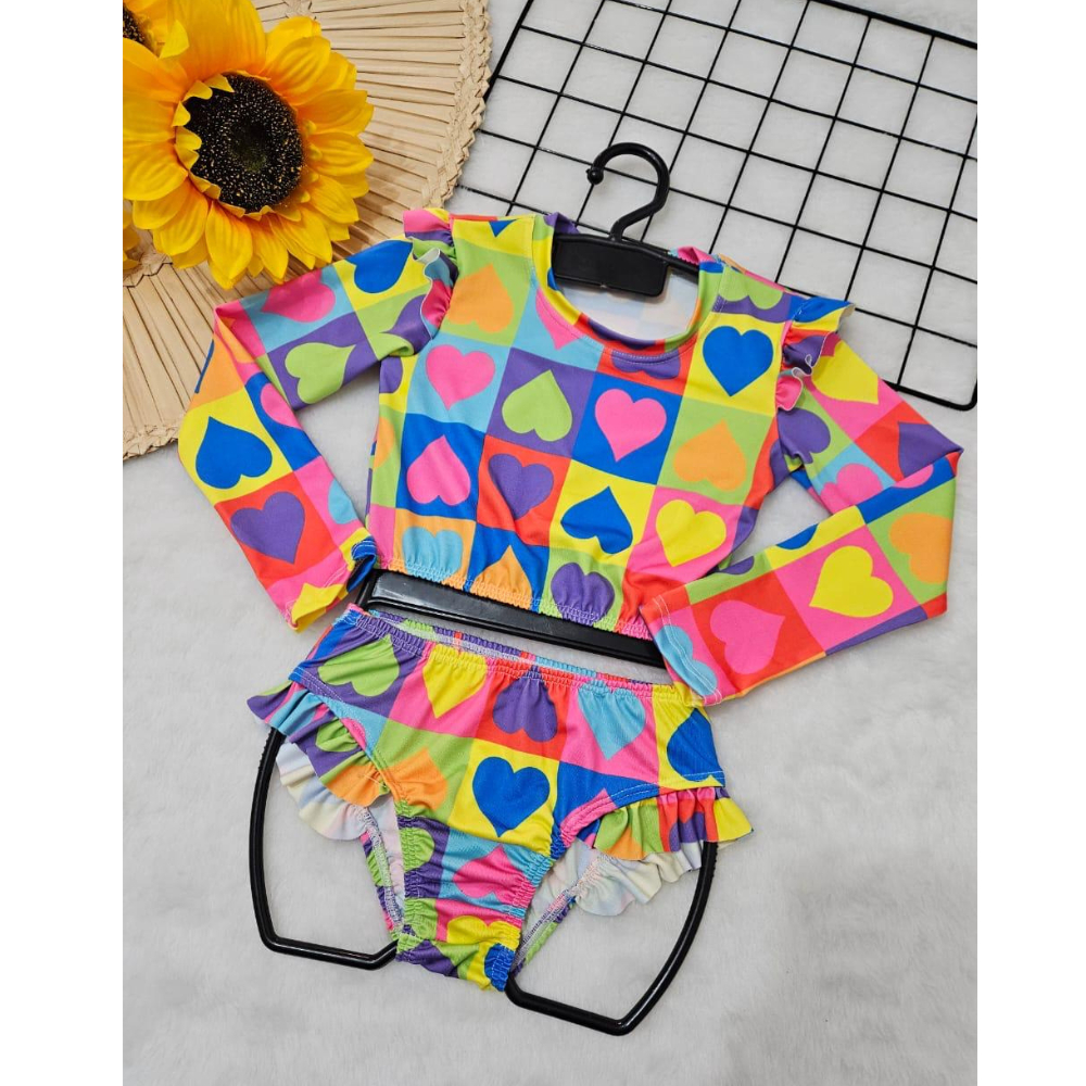 Biquini Cropped Manga Longa proteção solar UV/ Conjunto cropped com calcinha moda praia Stitch/ Unicórnio/ Sereia