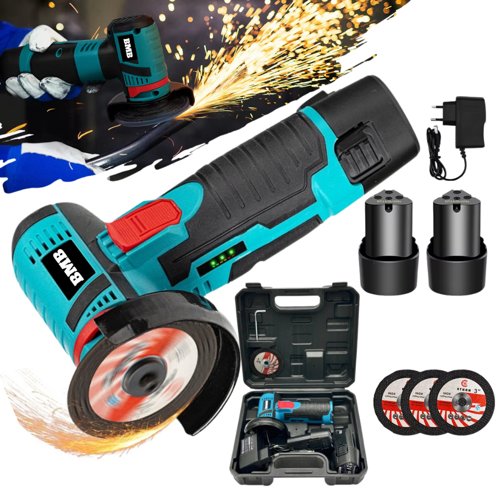 Mini Esmerilhadeira Angular Sem Fio 76mm 12V / 24V com 2 Baterias + Discos