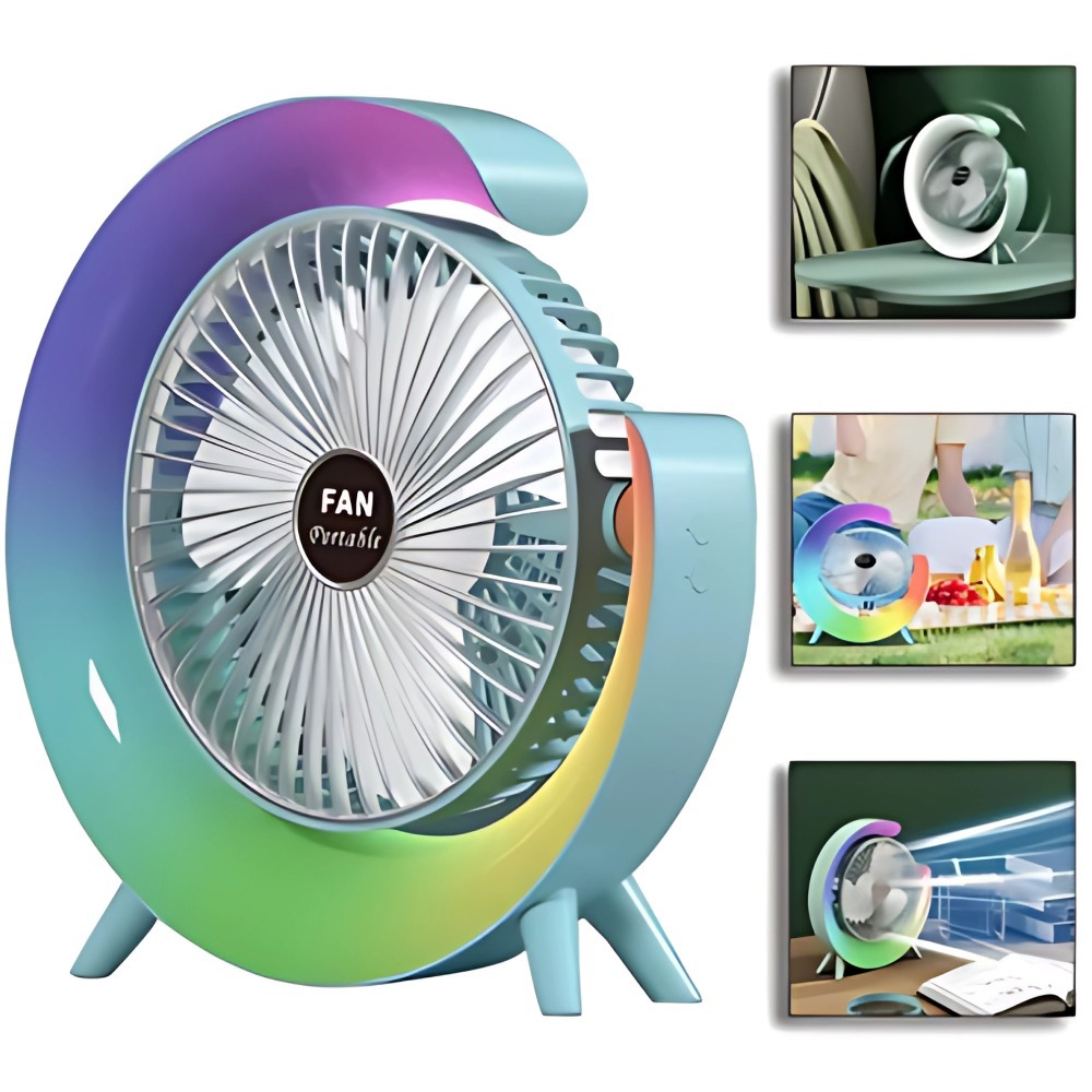Mini Ventilador de Mesa Portátil Silencioso com Luz LED RGB Colorida 2 em 1 Ventilador Pessoal Refrescante