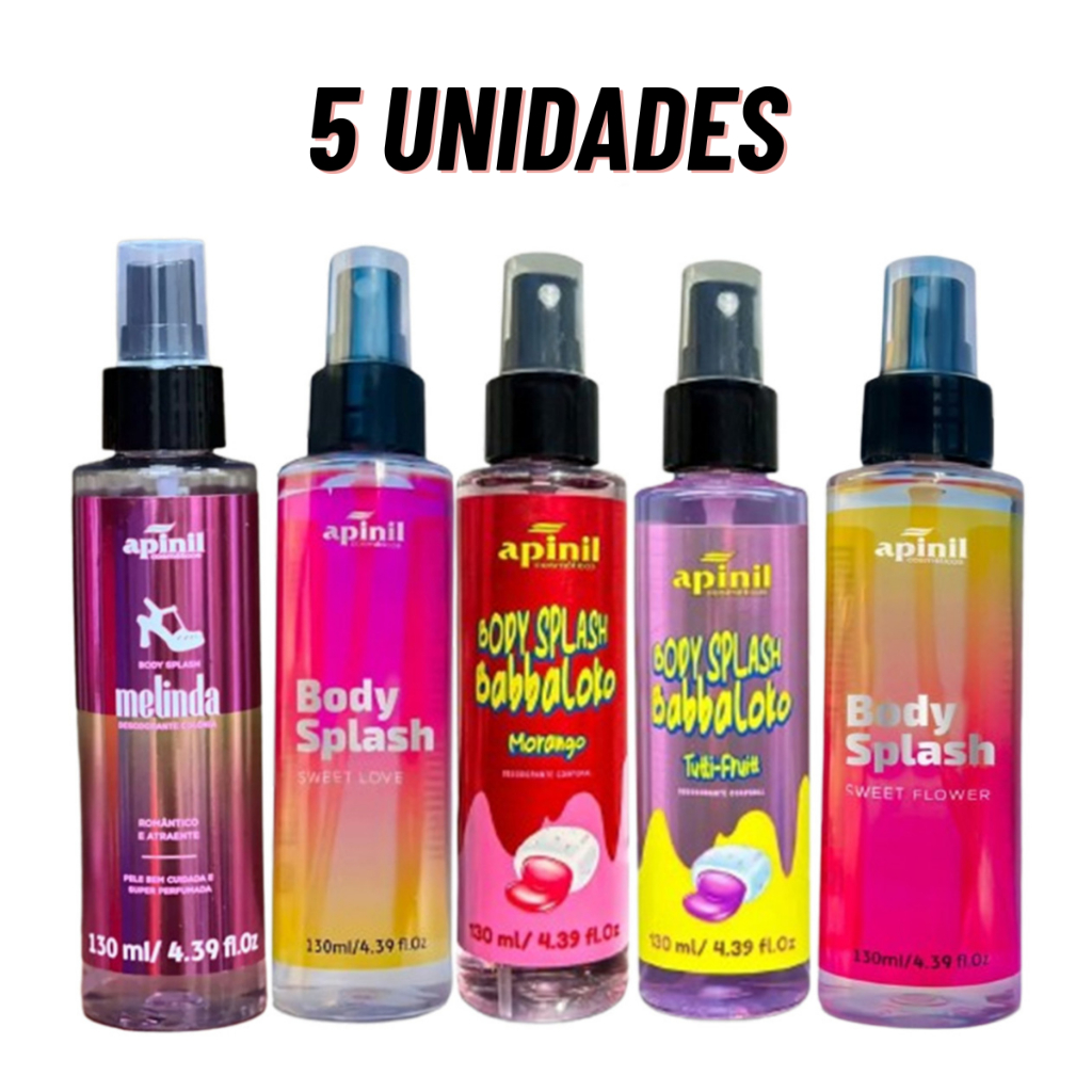 Kit 5 Colônia Body Splash Babbaloko Sweet Love, Melinda, Morango, Tuti Fruitt, Sweet Flower 130ml - Apinil