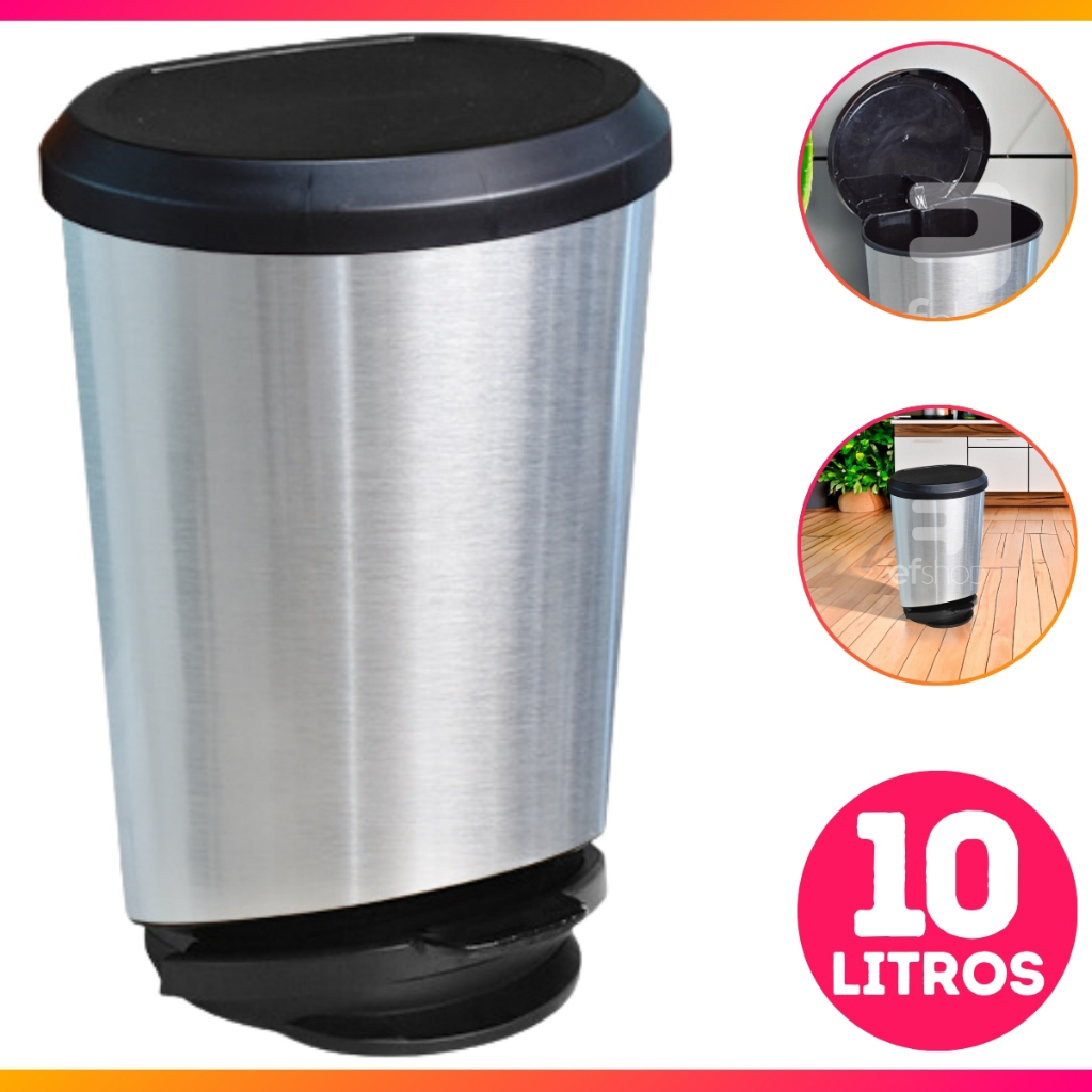 Lixeira Com Pedal e Tampa Label 10 litros Tipo Inox Cozinha Banheiro Escritório